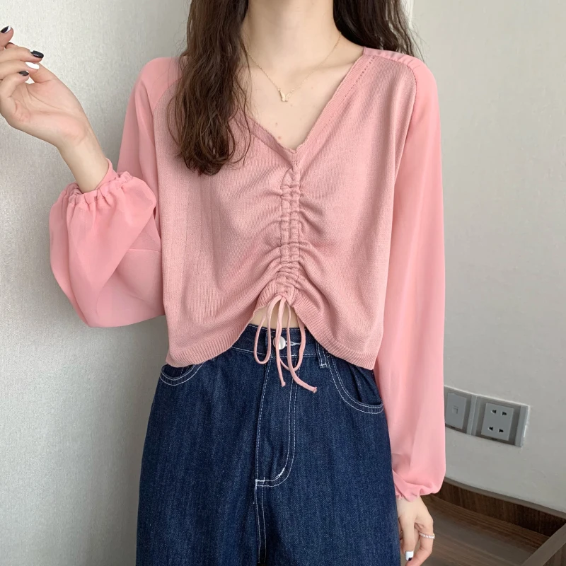 

COIGARSAM Full Sleeve blouse women Knitting Patchwork V-Neck blusas womens tops and blouses White Chiffon 1539