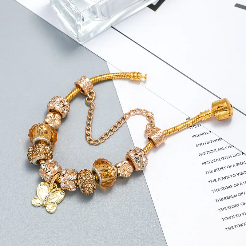 

Golden Butterfly Rhinestone Girl Gift Fashion Beads Jewelry Heart Charm Bracelet Bangle Gold Color DIY Wholesale 2020new