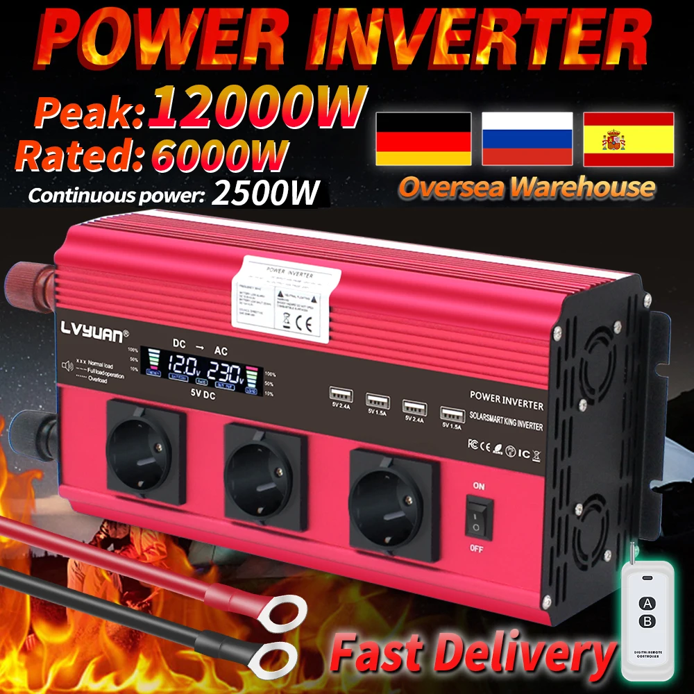 

12 В до 230 В 2500 Вт непрерывный/12000 Вт пиковый ЖК-дисплей Европейская розетка с 3 розетками переменного тока 4 USB беспроводной пульт дистанционно...