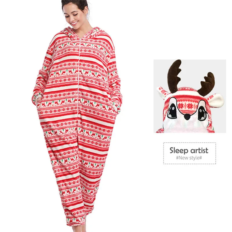 

Christmas Deer Print Sexy Women V-neck Bodycon Sleepwear Jumpsuit Romper Leotard Long Sleeve Print Front Zipper Hooded Jumpsuit