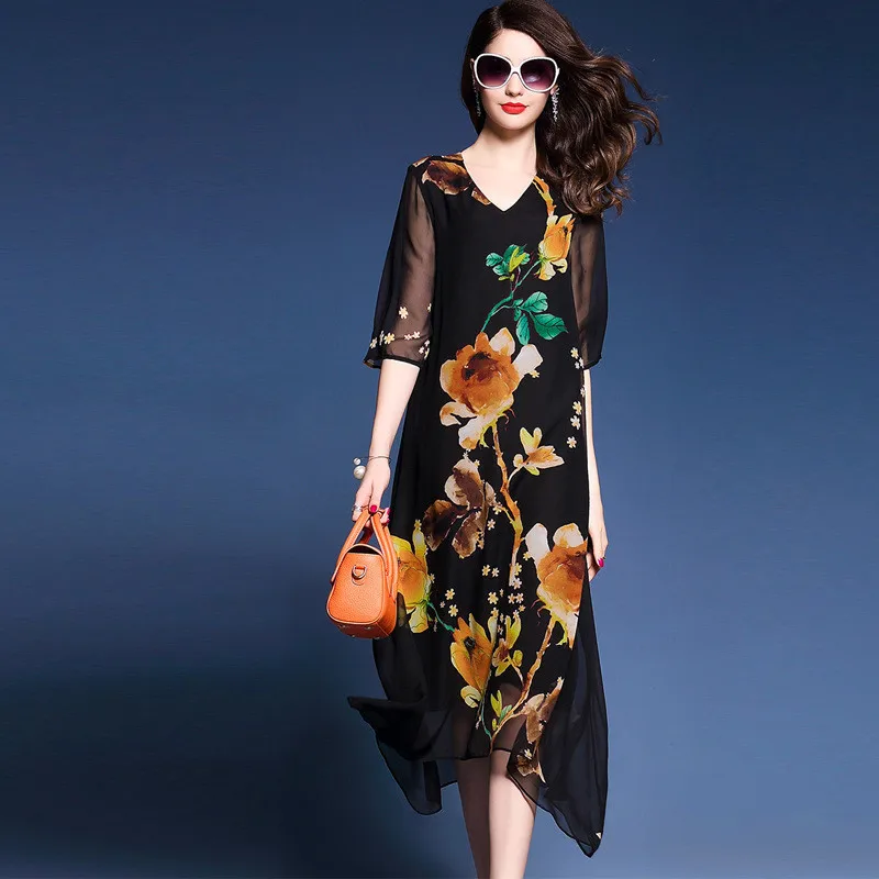 Женское богемное платье с цветочным принтом повседневное свободное шелковое V