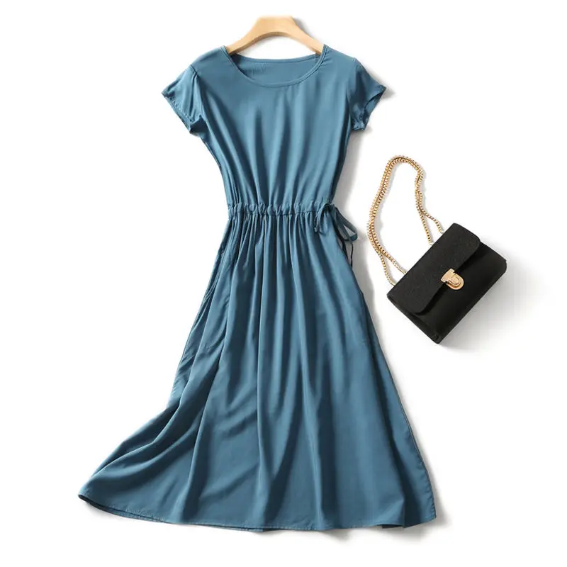 

Large size cotton and linen dress women's summer 2021 new short-sleeved round neck solid color high waist mid-length large dress