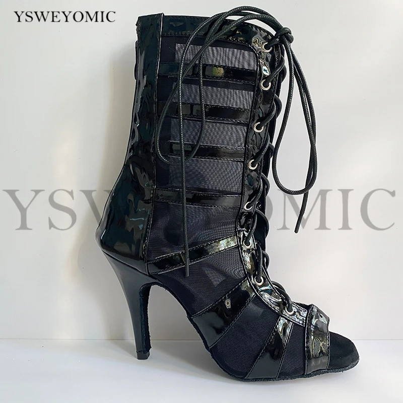 Black Latin Boot Dance Shoes Latin Women Leather High Heel Suede Outsole and Rubbel Sole Available Soft Salsa Latin Dance Boot