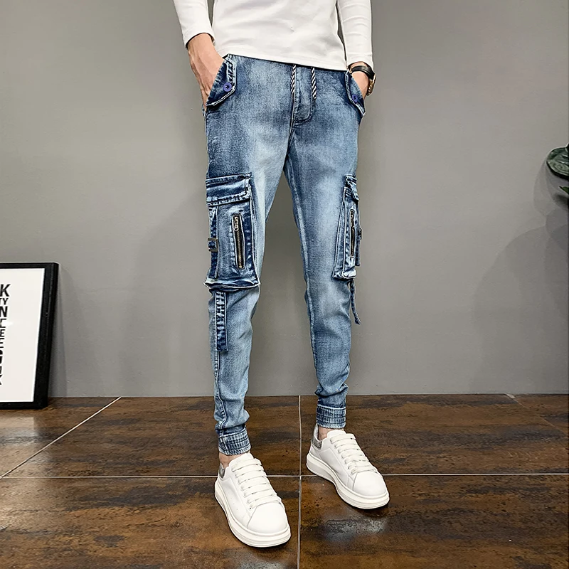 

New Korean Blue Denim Men Joggers Pants Fashion 2022 Slim Fit Side Pockets Casual Jeans Trousers Hip Hop Streetwear 28-36 Sale