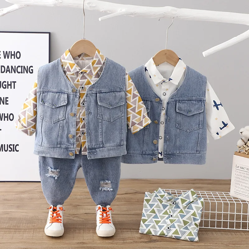 

Spring Autumn Baby Boys Clothes Suit Fashion Children Denim Vest+ T-Shirt +Pants 3Pcs/Set Sport Costume Kids Tracksuits