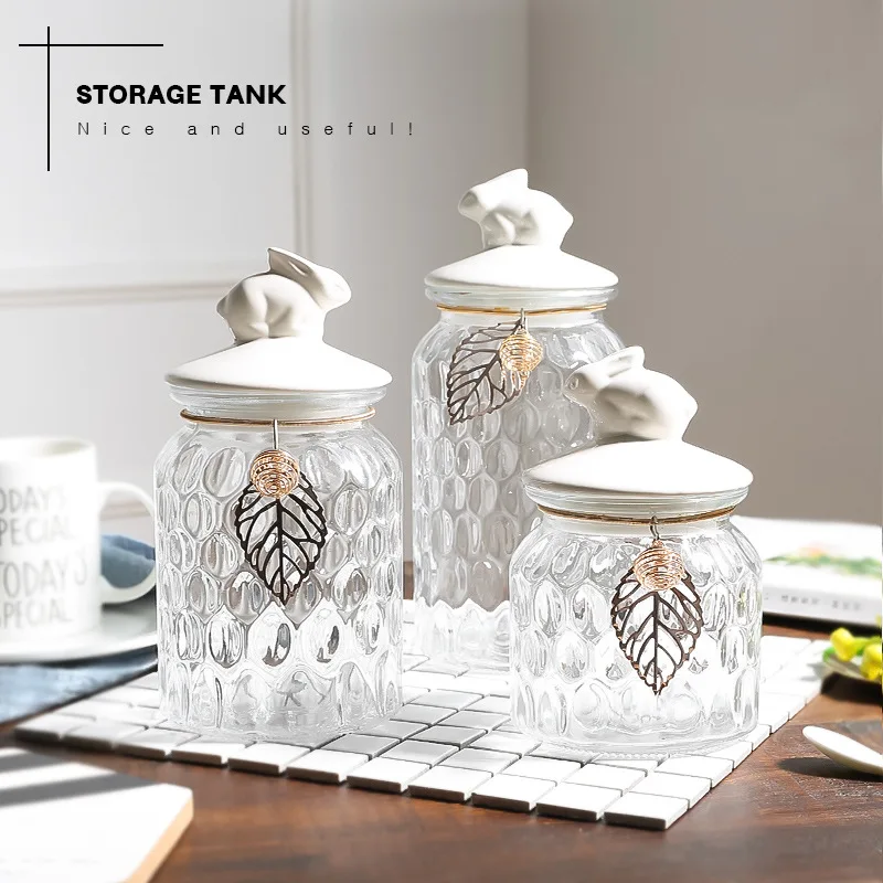 

Creative Transparent Crystal Storage Jar Candy Jar Teapot Snack Jar Practical Cover Glass Sauce Bottle Home Kitchen Decoration