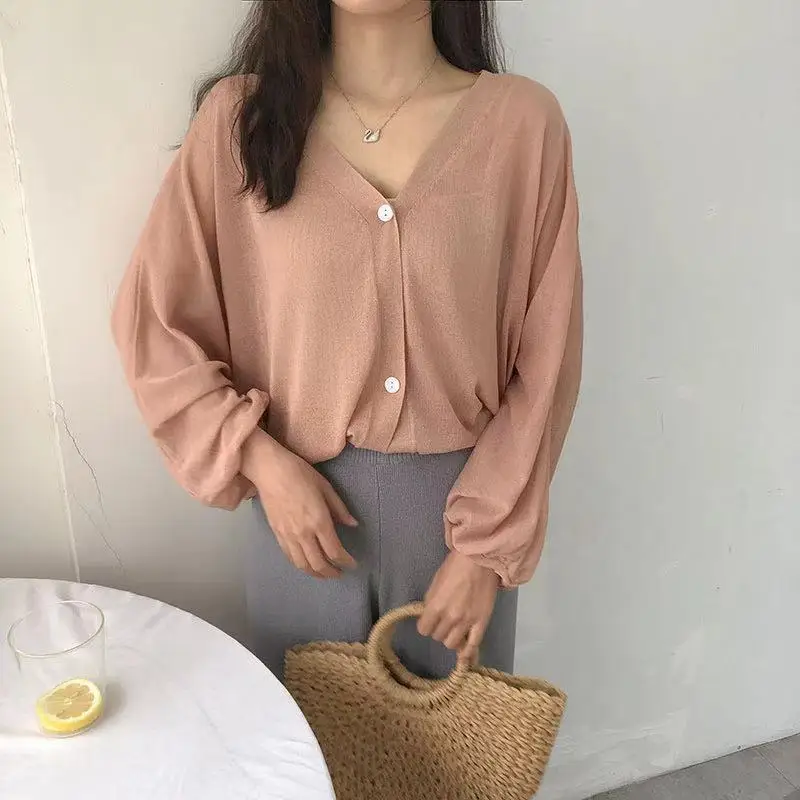 

Thin Summer V-neck Bathing Puff Sleeve Cover Up Tops Plus Size Knitted Cardigan Short Coat Casual Loose Summer Women's Clothes