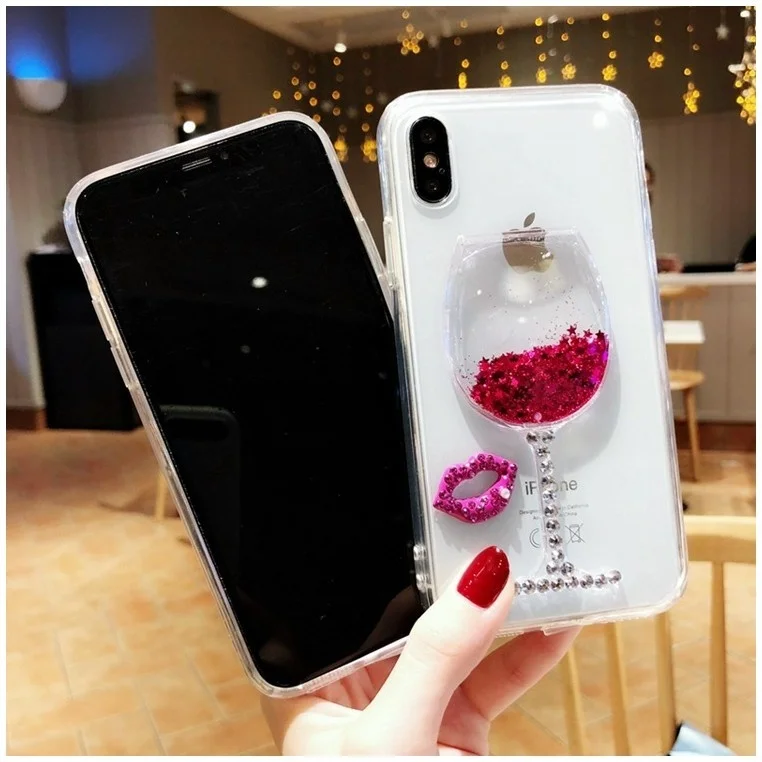 

New Design Wine Glass Red Lips Liquid Quicksand Glitter Transparent Phone Case For Iphone Xs Max