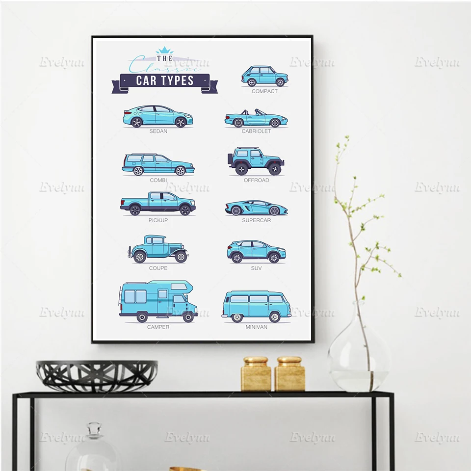 

Classic Car Types Wall Art Canvas Painting Poster Cartoon Blue Car Hd Print Modular Pictures Home Decor Kid Bedroom Living Room