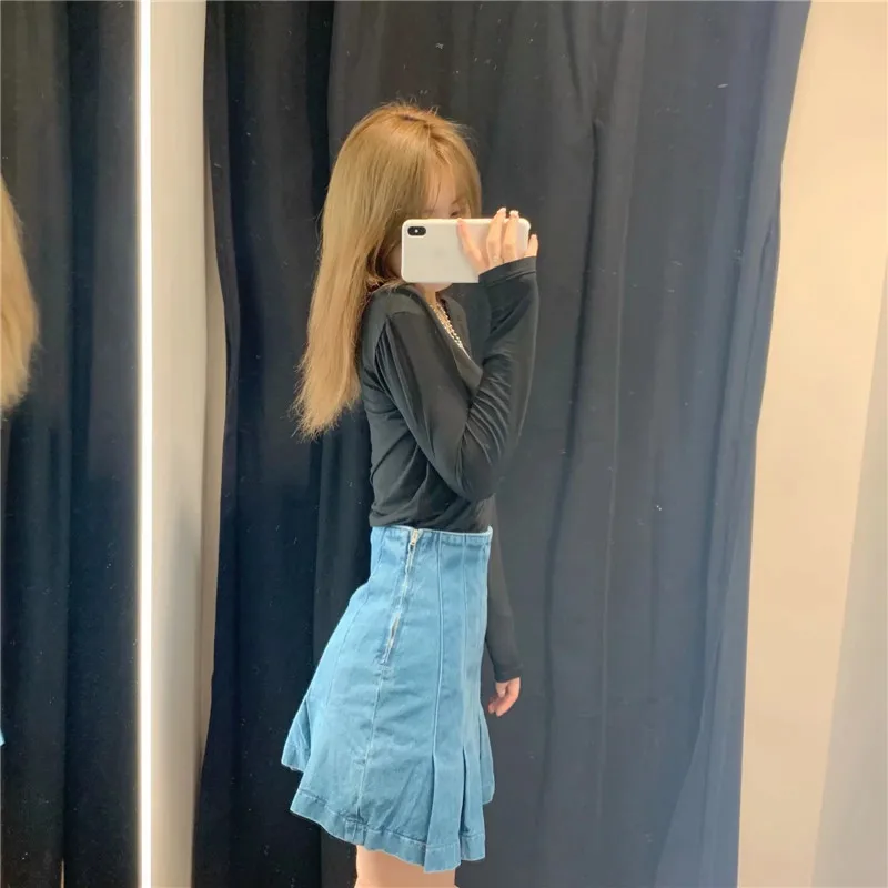 

Za Women Skirt 2021 Blue Denim Mini Skirts Woman Kawaii High Waisted Pleated Skirt Fashion Wide Folds Elegant Lady Office Skirts