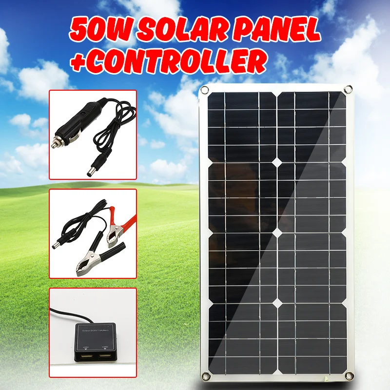 

Dual USB Output Solar Cells 50W Solar Panel Poly Solar Panel 10/20/30/40/50A Controller for Car Yacht 12V Battery Boat Charger