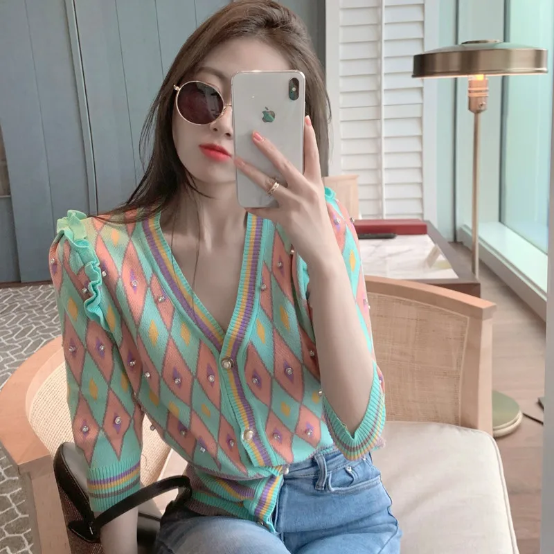 

Women Summer Thin Cardigan Sweater 2021New Female Half Sleeve V-neck Diamond lattice Sweater Lady Imitated Ice Silk Knitted Top