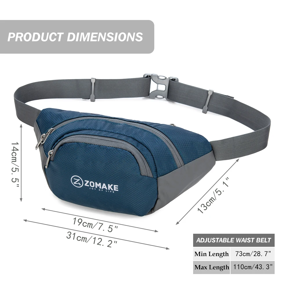 ZOMAKE Fanny Athletic Bags for Men Women/Water Resistant Waist Bag / Outdoors Workout Travel Casual Hiking Cycling with Large Co