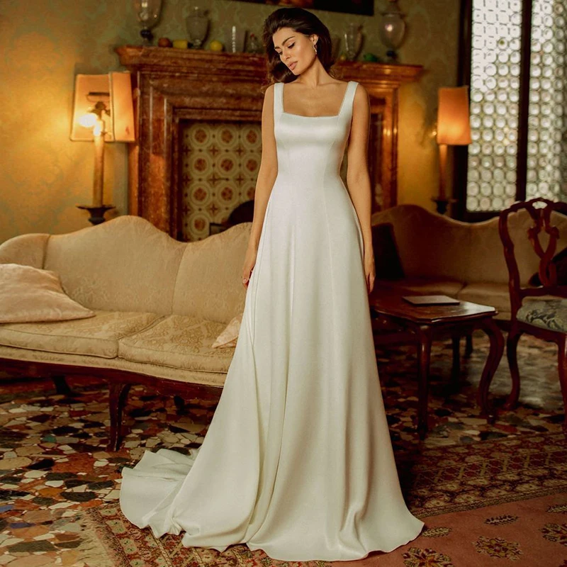 

Свадебные платья-трапеции, элегантные атласные платья с квадратным воротником, без рукавов, 2021, на заказ, свадебные платья без спинки