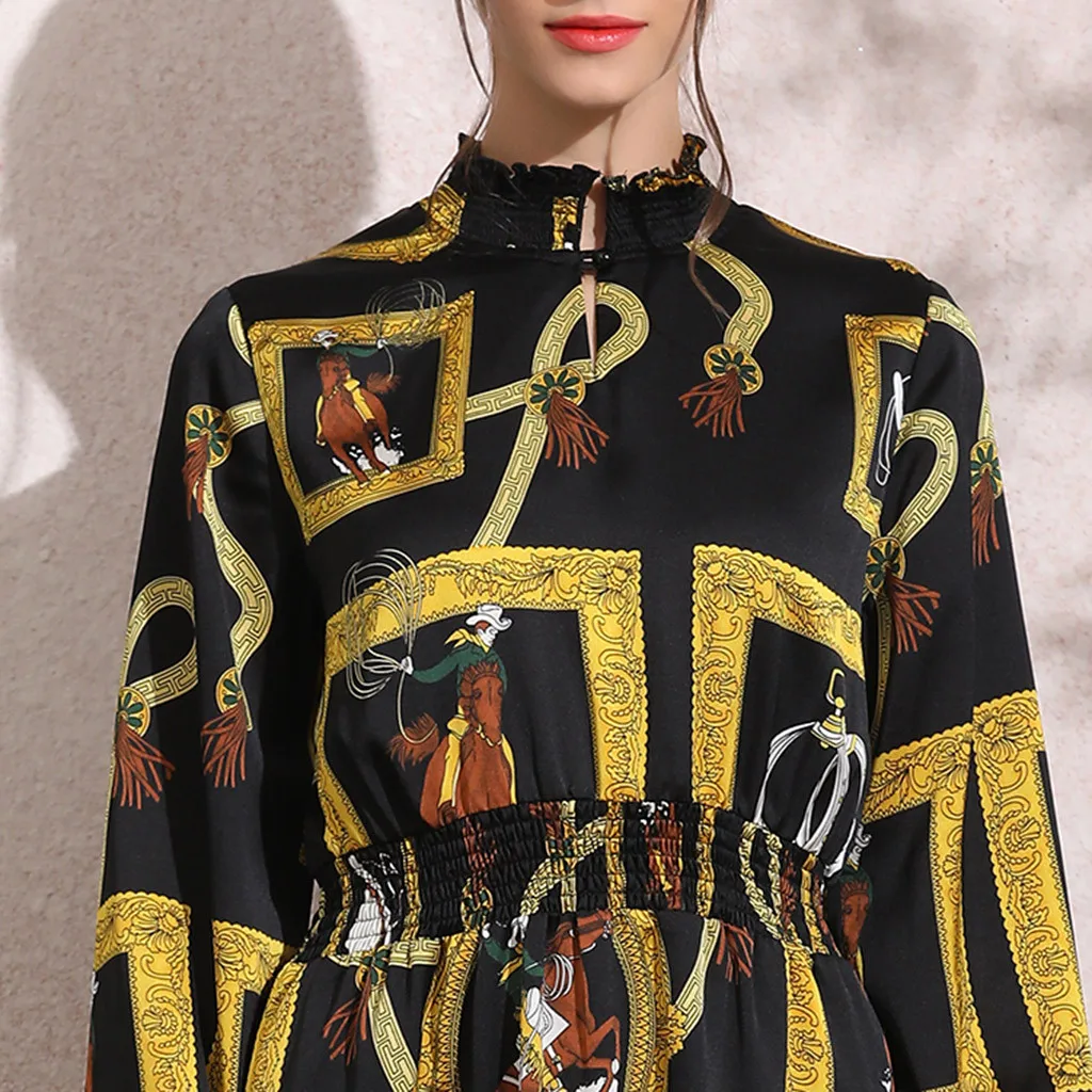 long abaya dress Casual Muslim women Fashion New Simple Retro Print Slim Elastic Waist Silk Dress Long W905 | Тематическая одежда