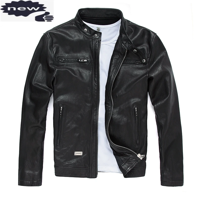 

New Men Leather Jacket Genuine Real Sheep Goat Skin Brand Black Bomber Motorcycle Biker Mans Coat Male Stand Collar