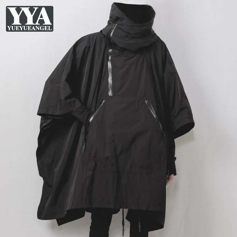 

Black Gothic Mens Midi Long Cloak Windbreaker Batwing Sleeve Loose Fit Mantle Trench Coat Zipper Stand Collar Harajuku Manteau