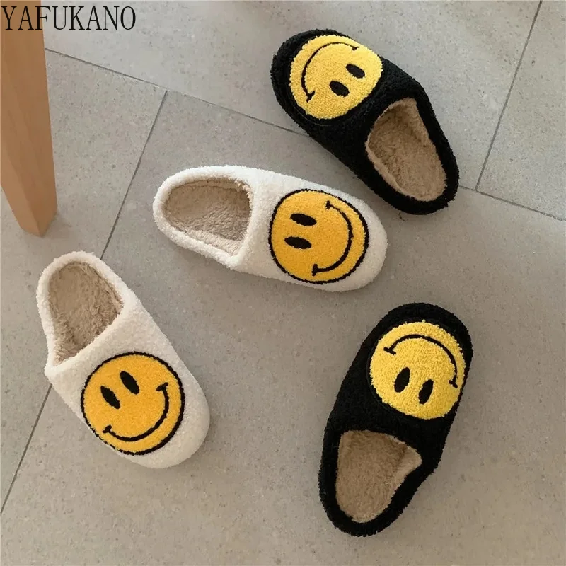 

Cute Cartoon Couple Non-Slip Cotton Shoes Womens Slippers Fluffy Faux Fur Smiley Face Household Slippers Indoor Female Shoes