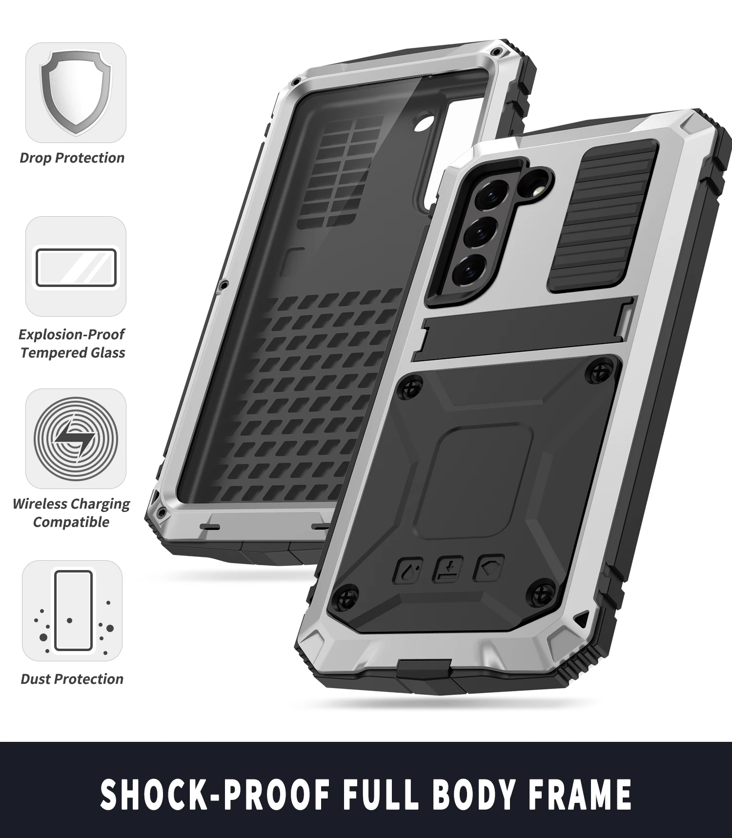 Full Protective Heavy Duty Metal Armor Case For Samsung Galaxy S21 FE S21 Plus S21 Ultra Built-in Bracket Toughened Glass Case