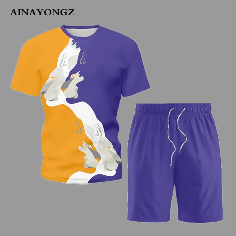 

Летние популярные мужские костюмы 2022 года, повседневная одежда с принтом головы льва и короткими рукавами, модная футболка с круглым вырезо...