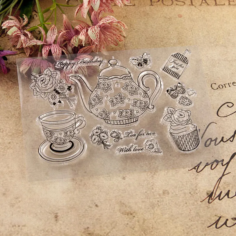 

Transparent Stamps Happy Birthday Teapot Clear Stamp Rubber Silicone Scrapbooking for Card Making Album Craft Decor New Stamp