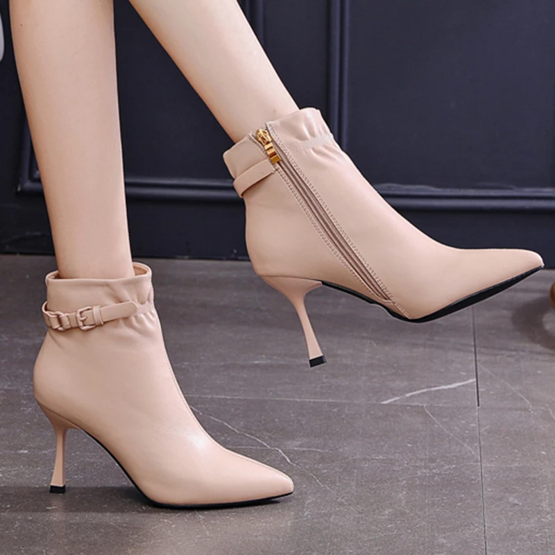

Rimocy Sexy Pointed Toe Thin Heeled Ankle Boots Woman 2021 Buckle Solid Pu Leather Shoes Woman Side Zipper Short Booties Mujer