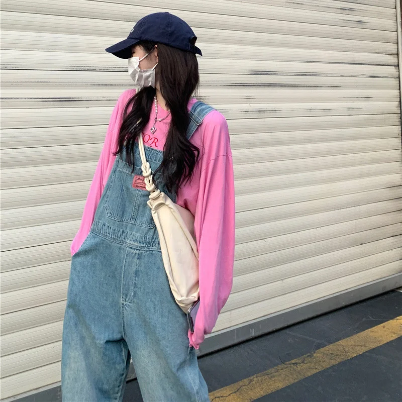 

High Waist Denim Suspenders Women's Autumn 2021 New Design Sense of Minority Loose Straight Leg Pants