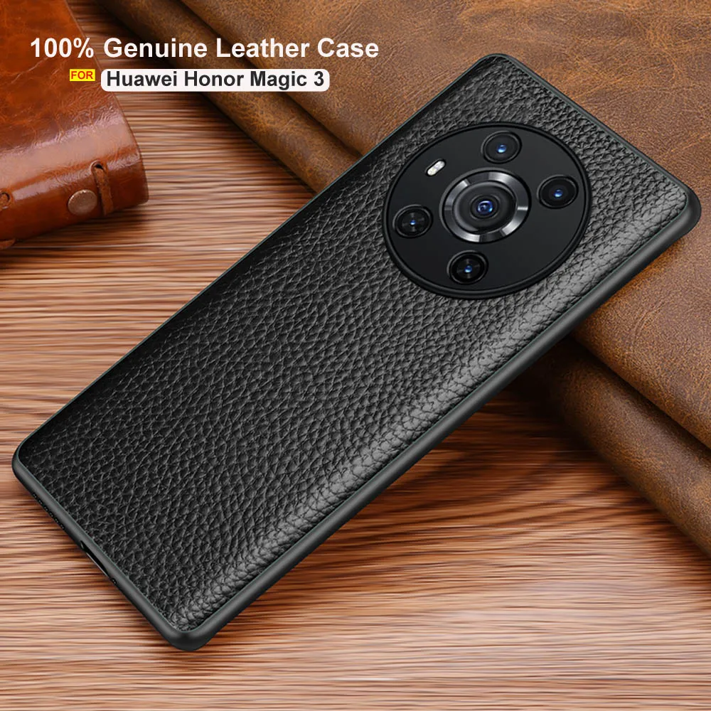 

2021 New 4 Colors Genuine Leather Cover For Honor Magic 3 Pro Soft Rubber Silicone Border Real Natural Cowhide Full Edge Protect