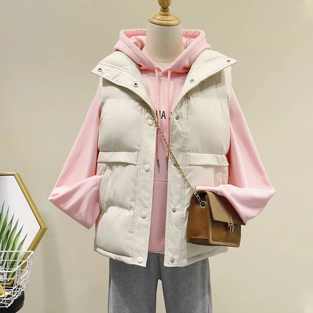 

2021 New Autumn Winter Black Vest Jacket Stand Collar Sleeveless Vests Solid Short Waistcoat Female Zipper Cropped Coat Outwear