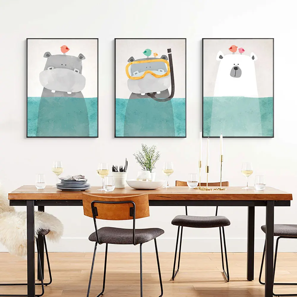 

Cartoon Poster Bear Hippo and Bird Swimming Art Canvas Painting Nordic Posters and Prints Wall Pictures for Living Home Decor