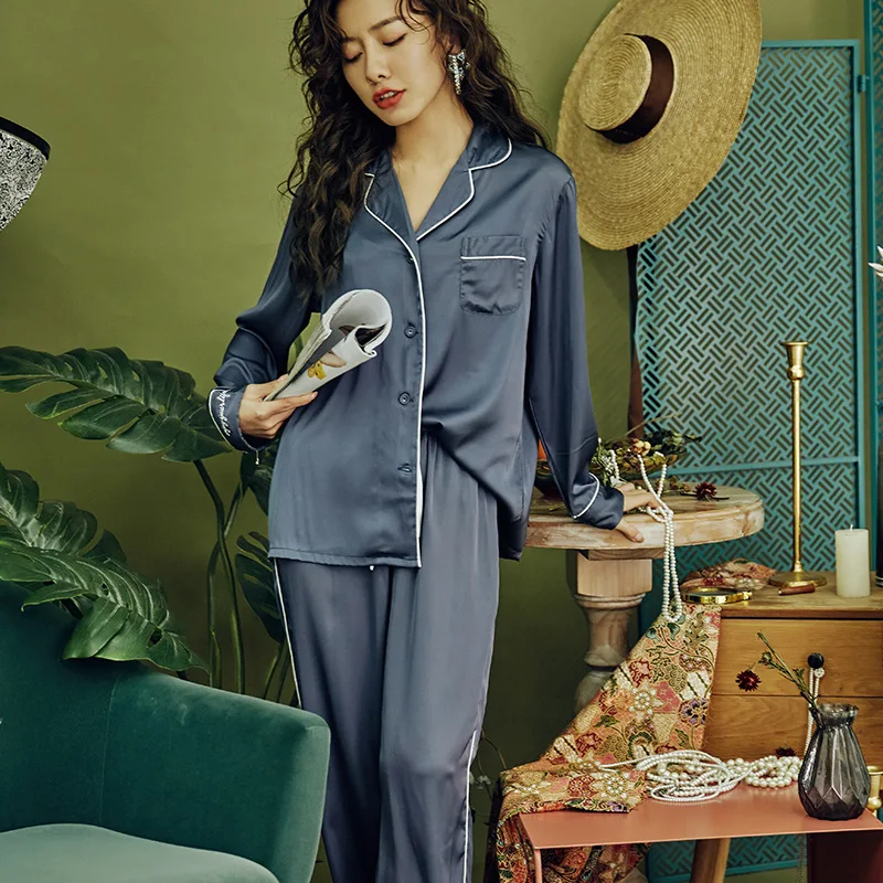 

Sleepwear Plus Size Couple Pajamas Set Spring Faux Silk Satin 2 PCS Shirt&Pant Solid Long Sleeve Pijamas Suit Men Loungewear