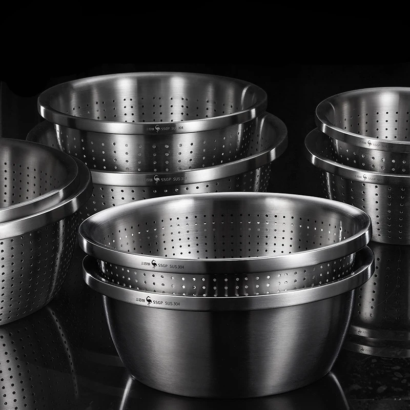 

304 Stainless Steel Drain Basket Rice Washing Sieve Kitchen Mixing Washing Bowls Set Vegetables Fruit Storage Container