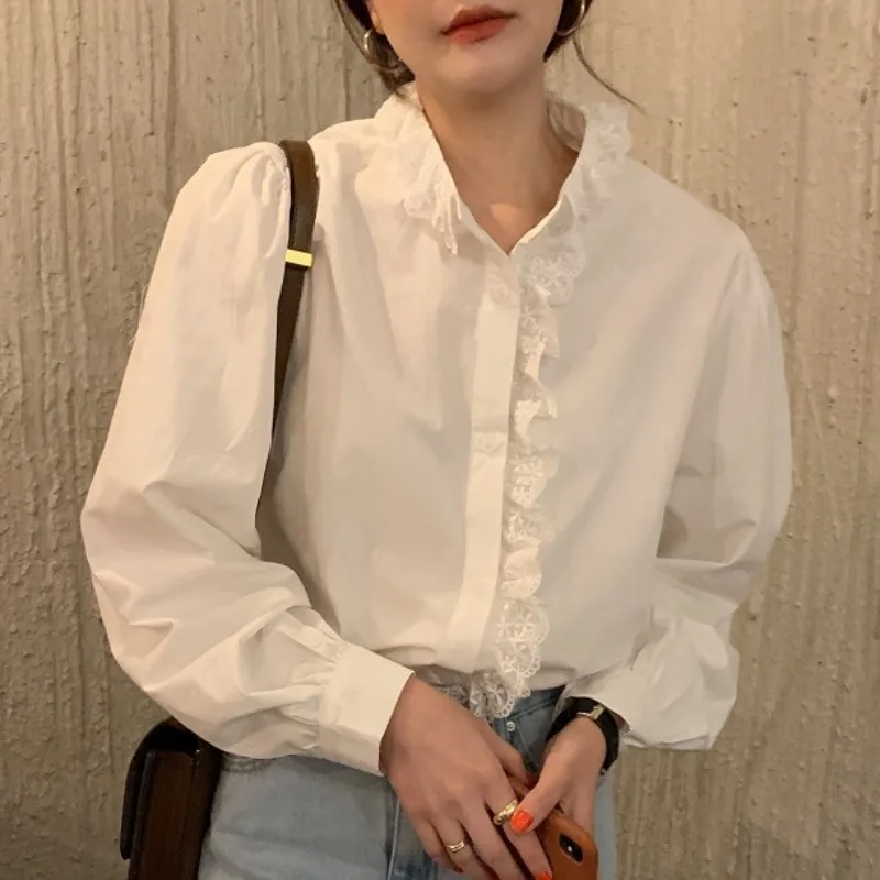 Женская кружевная рубашка элегантная однотонная плиссированная во французском