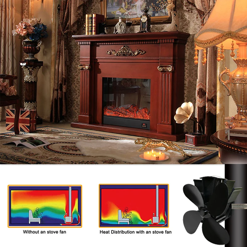 

Wall Hanging 4 Blade Black Heat Powered Stove Fan Log Wood Burner Eco Friendly Quiet Home Fireplace Fan Heat Distribution