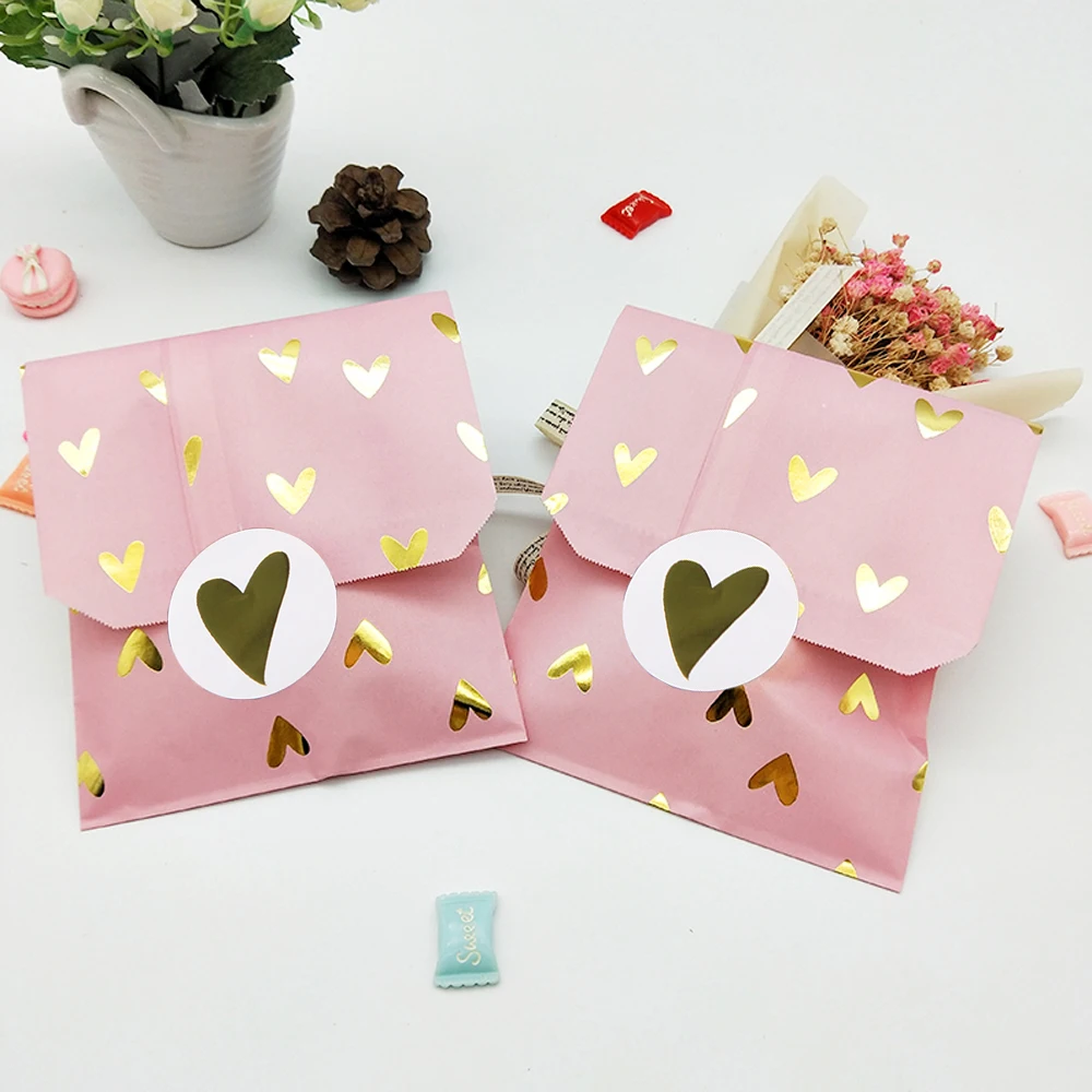 

1Pack Candy Gift Paper Bags Pink and Rose Gold Foil Heart Shower Wedding Birthday Anniversary Sweet Bridal Bag Heart Sticker