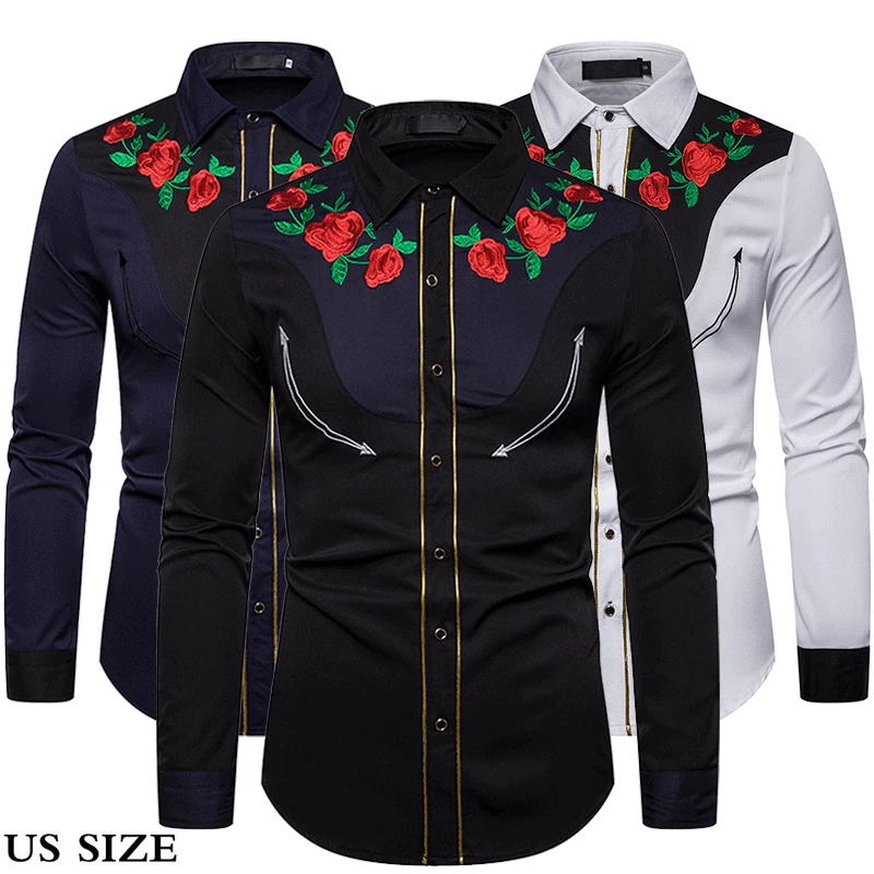 Мужская рубашка в западном стиле с вышивкой розы длинными рукавами на пуговицах