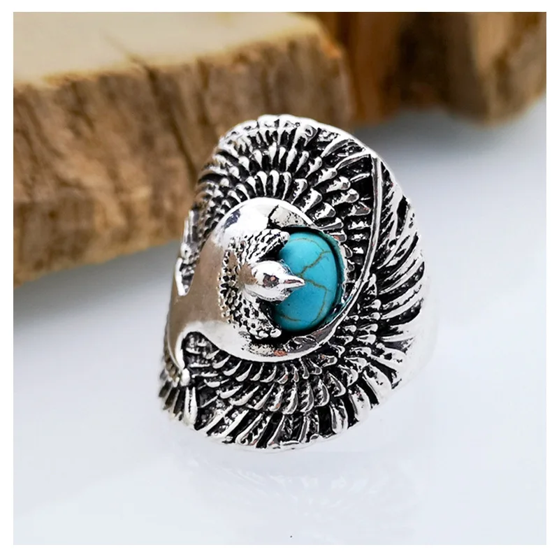 

Turquoise Eagle Titanium Steel Metal Retro Ring European and American Alloy Ring Men and Women Jewelry Luxury