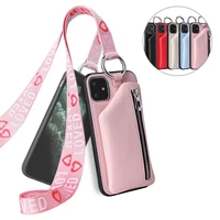 zipper purse wallet leather case cover for iphone 12 mini 11 pro xs max xr x 7 8 6 6s plus se fashion love neck strap case