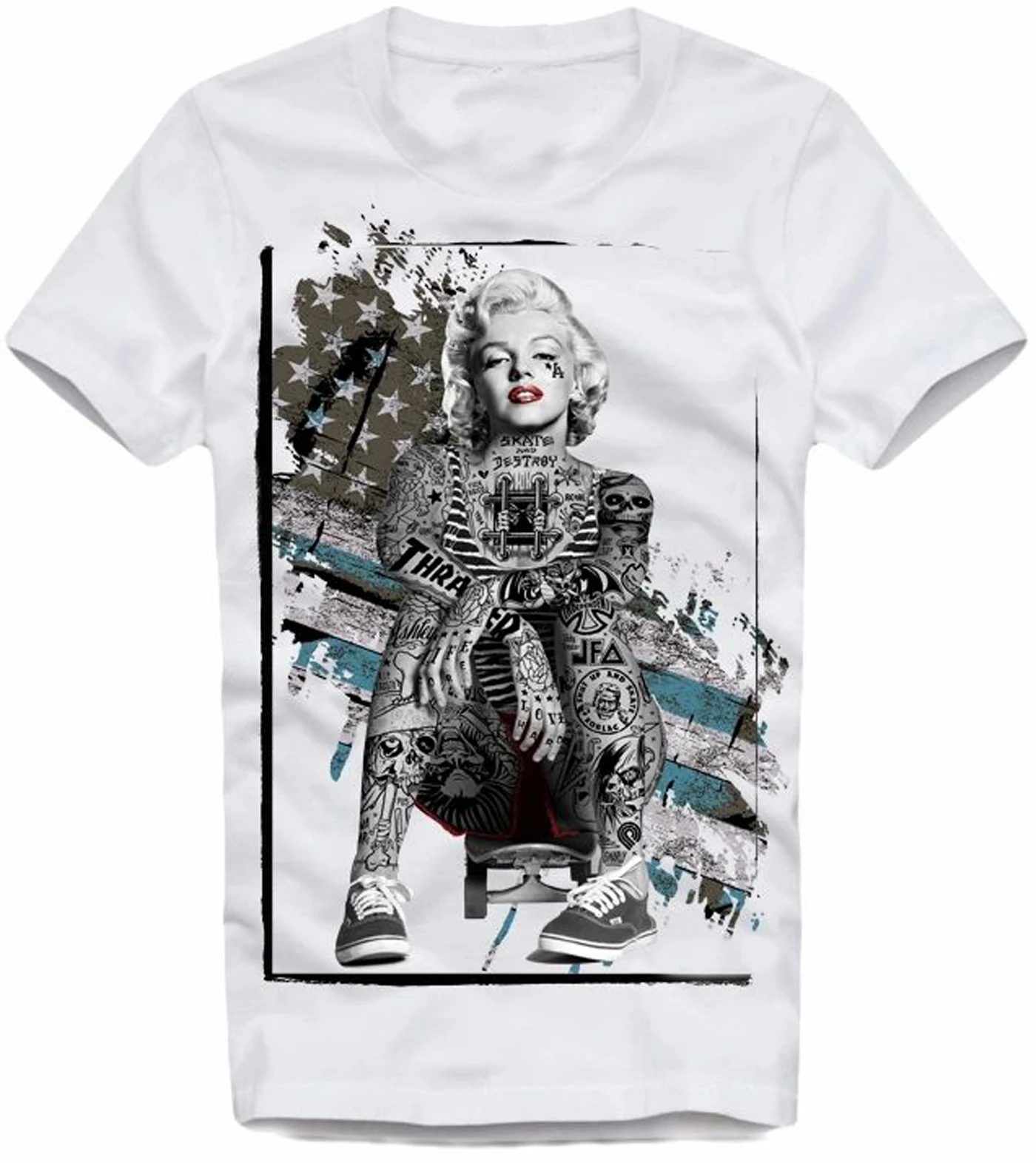 Креативный дизайн Лонгборд скейтборд Мэрилин Монро тату-футболка. Летняя