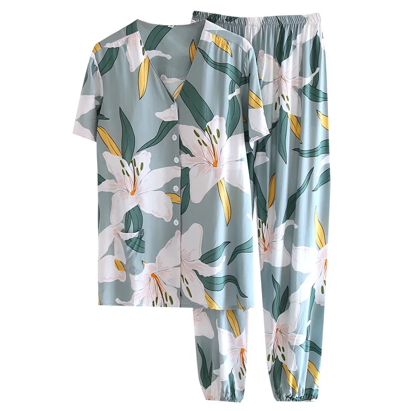 

Women's pajamas with chest mat miansilk pajamas women's short sleeves in spring and summer, thin cotton suit home wear V-neck