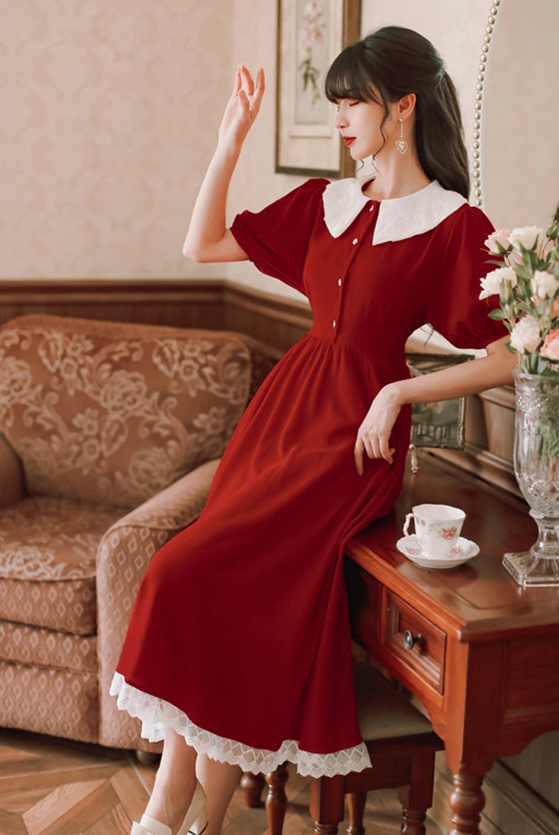 

Summer Women Red Dress Japanese Style Lace Peter Pan Collar Vintage Elegant Lady Long Midi Dresses Vestido Robe Rouge Femme