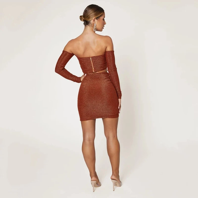 

TRODEAM Sexy Women Two Pieces Off Shoulder Long Sleeve T Shirts Tops Bodycon Ruched Drawstring Mini Dress Solic Chic Short Skirt
