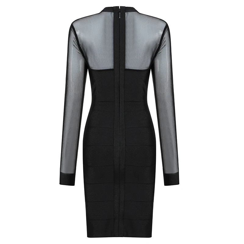 

Beateen Elegant O Neck Mesh Hollow Out Long Sleeve Bandage Mini Black Dresses 2019 New Fashion Women Party Casual Vestidos