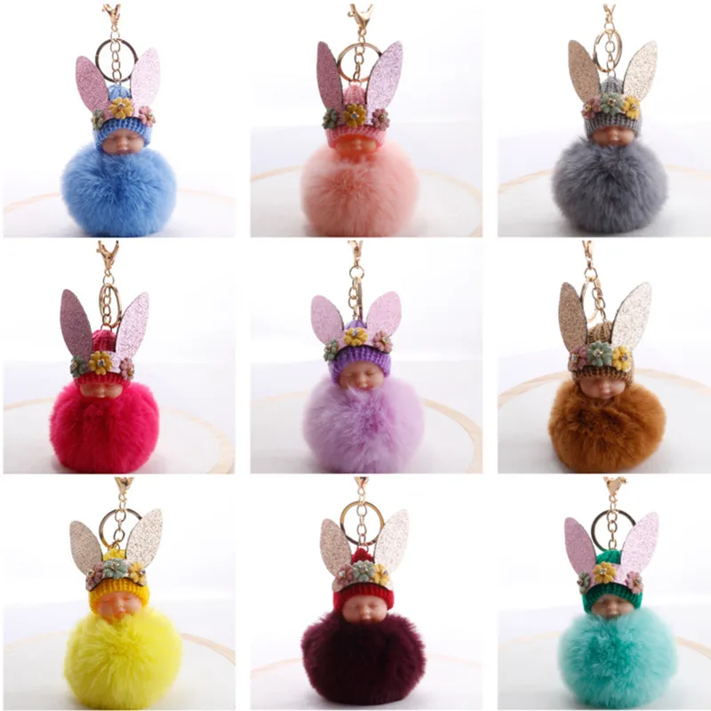 30pcs/lot Cute Rabbit Ears Doll Fake Fur Fluffy Ball Key Chain Bag Key Rings Car Key Pendant Cartoon Ornaments Gifts
