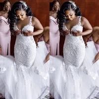 white lace wedding dress mermaid plus size floral appliques custom made spaghetti straps sleeveless african bridal gowns