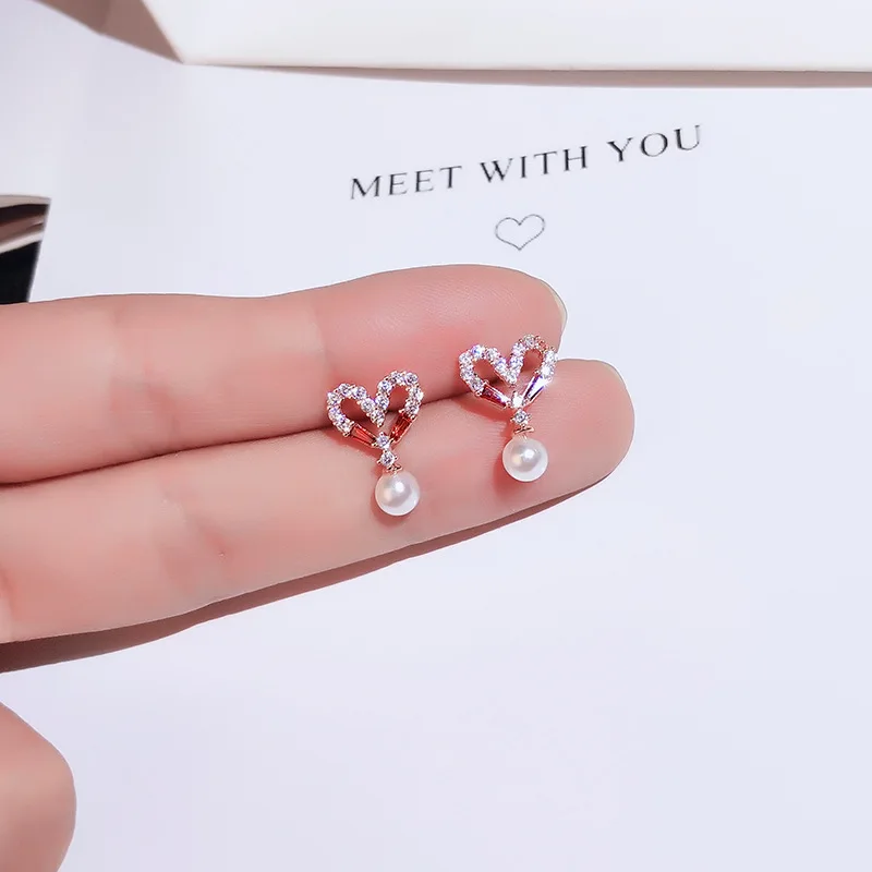 

High Quality 14K Real Gold Love Pearl Earrings Temperament Colorful Stud Earrings for Women Cubic Zircon ZC Earrings