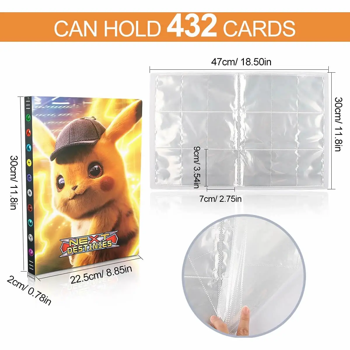 &Aacute;lbum de Pok&eacute;mon para ni&ntilde;os, carpeta de tarjetas de 9 bolsillos, soporte de mapa, colecciones de personajes de videojuego, juguete para regalo, 432 Uds.-3