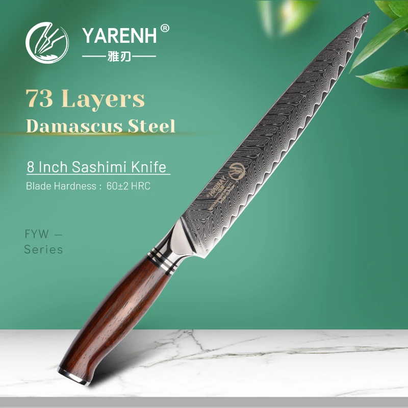 

Damascus Kitchen Sashimi Knife Japanese 73 Layer Damascus Steel Razor Sharp - Premium Dalbergia Handle - Cutlery Carving Knife