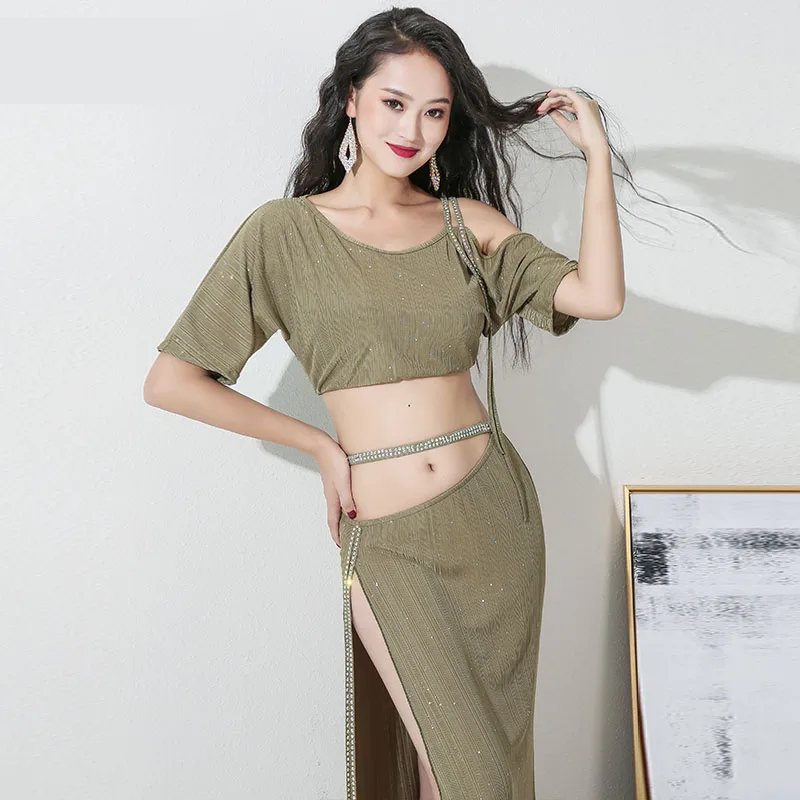 

Женский костюм для танца живота, серебристый комплект из юбки с открытыми плечами и блестками, танцевальный костюм для выступлений, ZM324