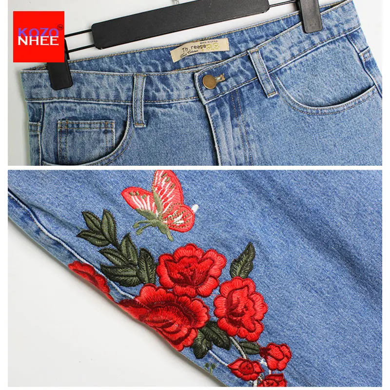 Женские свободные шаровары винтажные джинсы с высокой талией и вышитыми розами